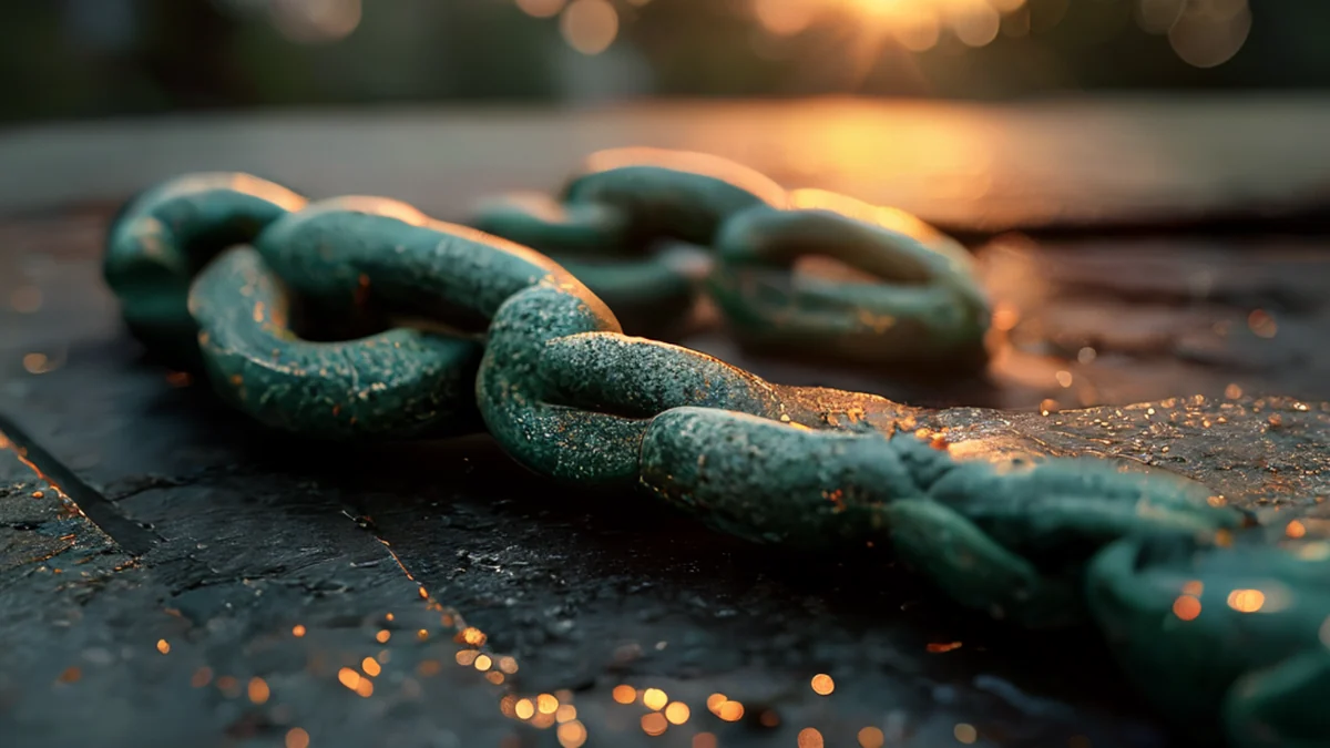 A chain with rusted and salt-affected links, showing corrosion and oxidation.